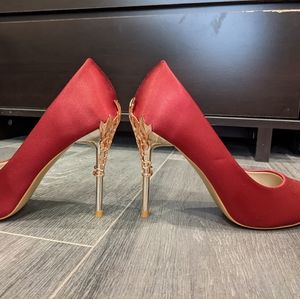 Embellished Satin Red Dress Heels - Size 8. New, Never Worn